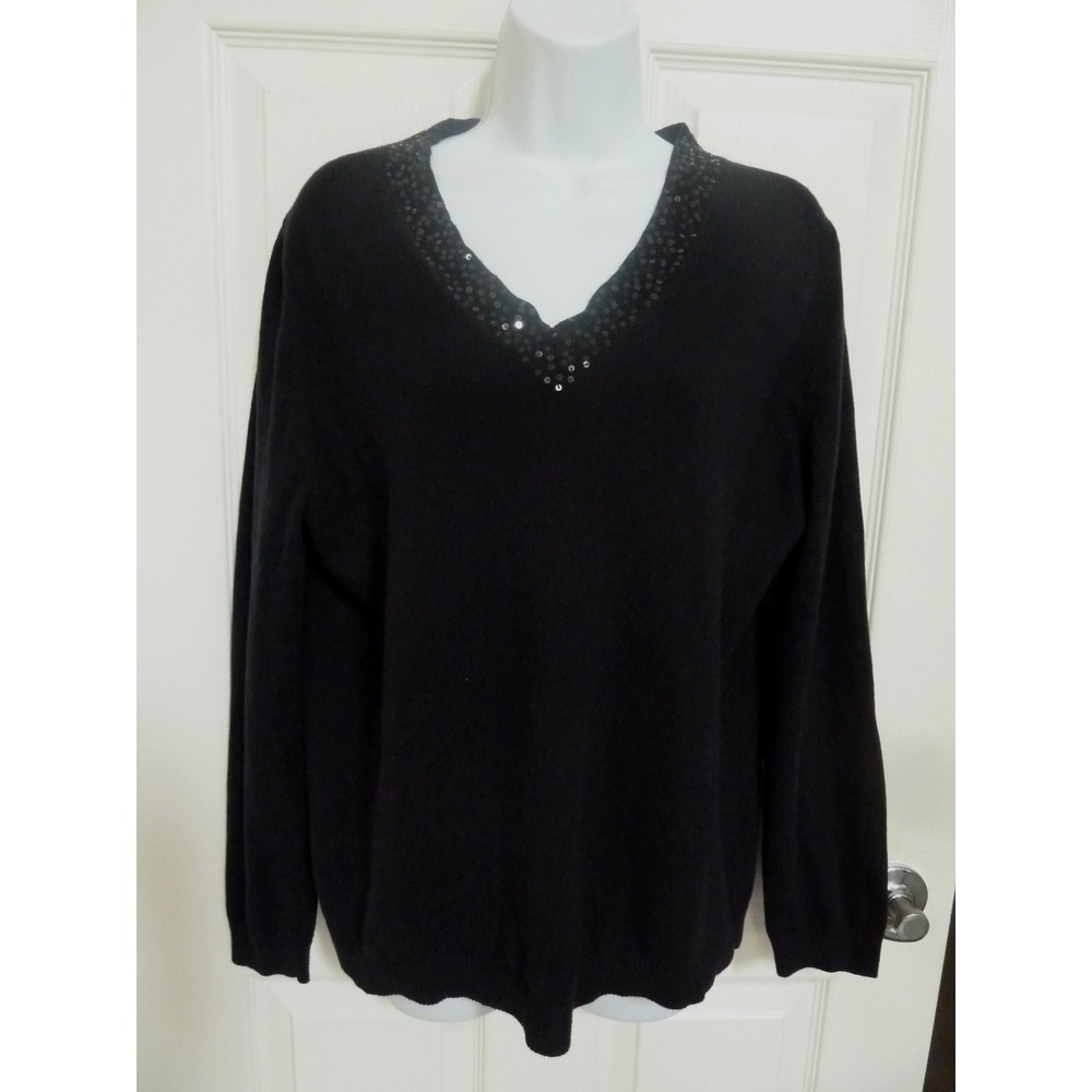 Lands' End Women Black Cotton Cashmere Sequin V-Neck Sweater Med 10/12